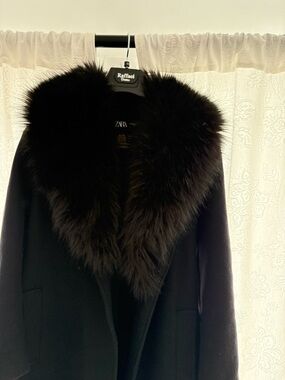 Zara Black Trench Coat with Plush Fur Collar